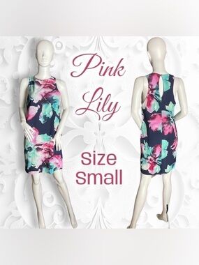 Pink Lily Boutique Watercolor Floral Tank Dress Size Small Navy Pink Turquoise